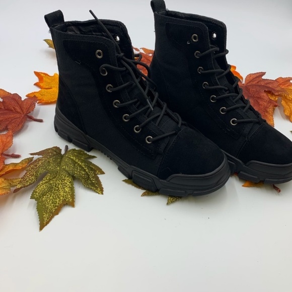 Canvas & Faux Suede Combat Boots in Black - Picture 4 of 8